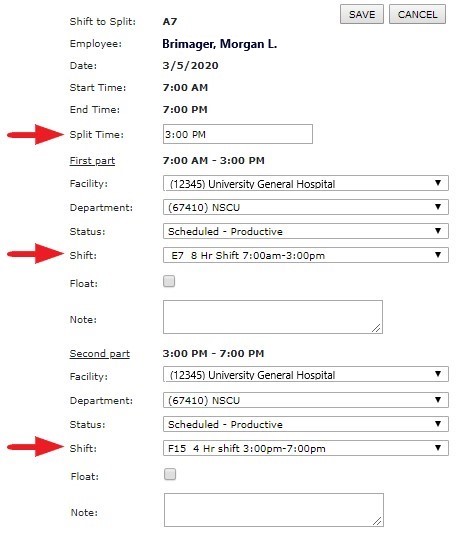 Split Assignment Screen with Split Time and Shift Fields